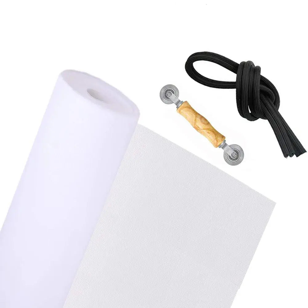 A roll of white mesh material with a wooden tool and black cord for DIY insect screen mesh kit.