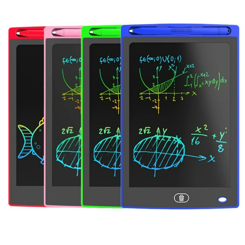 A set of four colored 8.5-inch LCD writing tablets displaying mathematical equations and graphs.