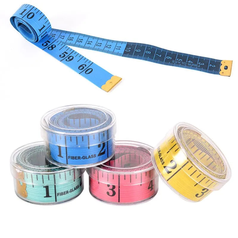 A set of soft flexible tape measures in various colors and sizes for sewing and body measurements.