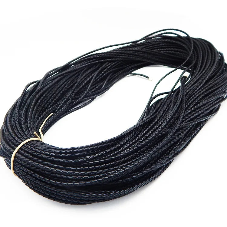 A spool of black braided leather cord for jewelry making with multiple widths.