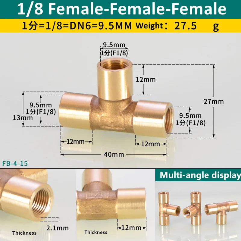 Brass BSP tee pipe fitting with 1/8 female-female-female connections and various angles