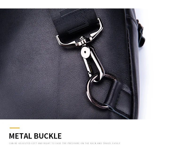Close-up of a black leather bag showing a silver metal buckle closure.