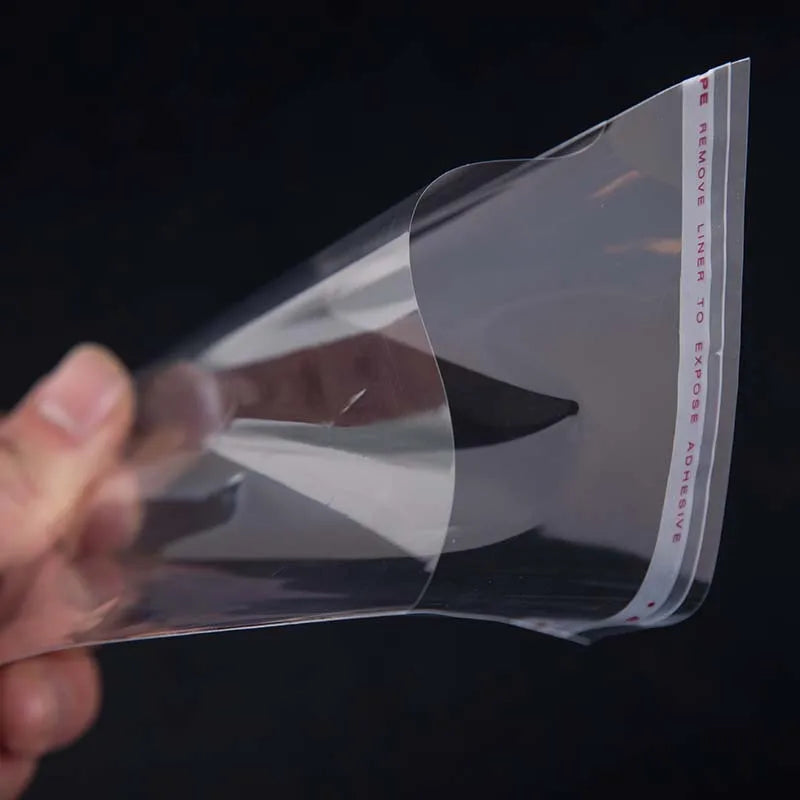 A hand holds a clear self-adhesive resealable storage bag, showing the transparent plastic material and printed text.