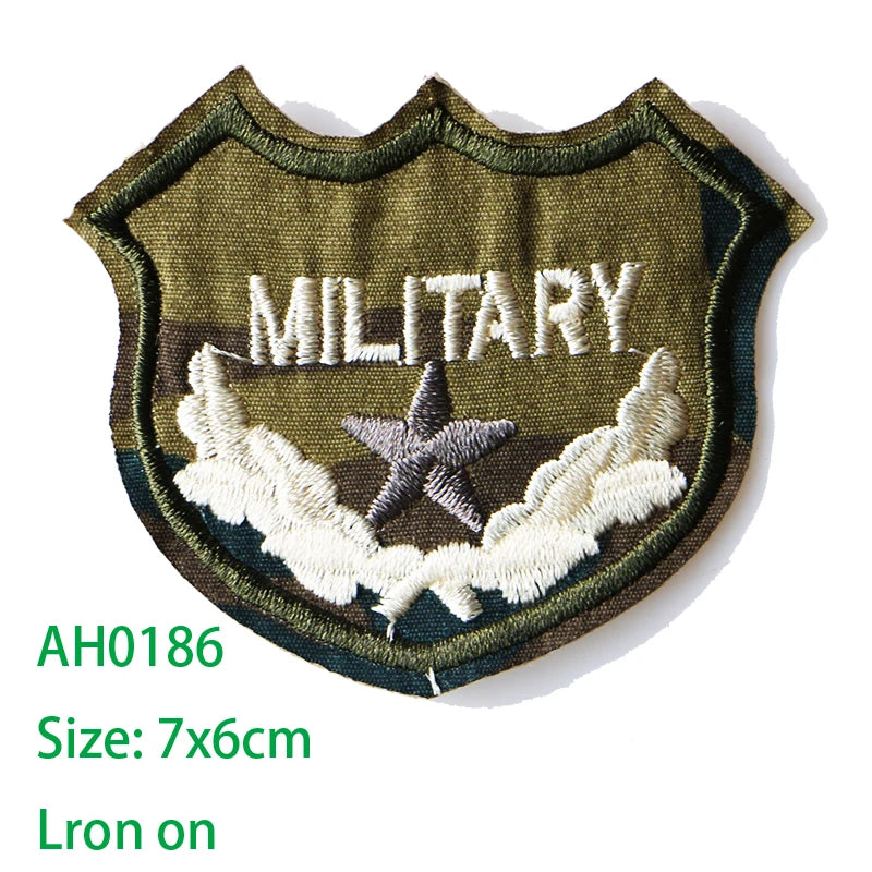 A military-themed embroidered patch featuring the word MILITARY and a star design on a fabric background.