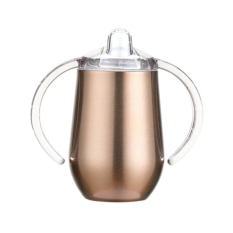 Tasse à biberon en acier inoxydable brun et isolé avec couvercle et poignée transparente.