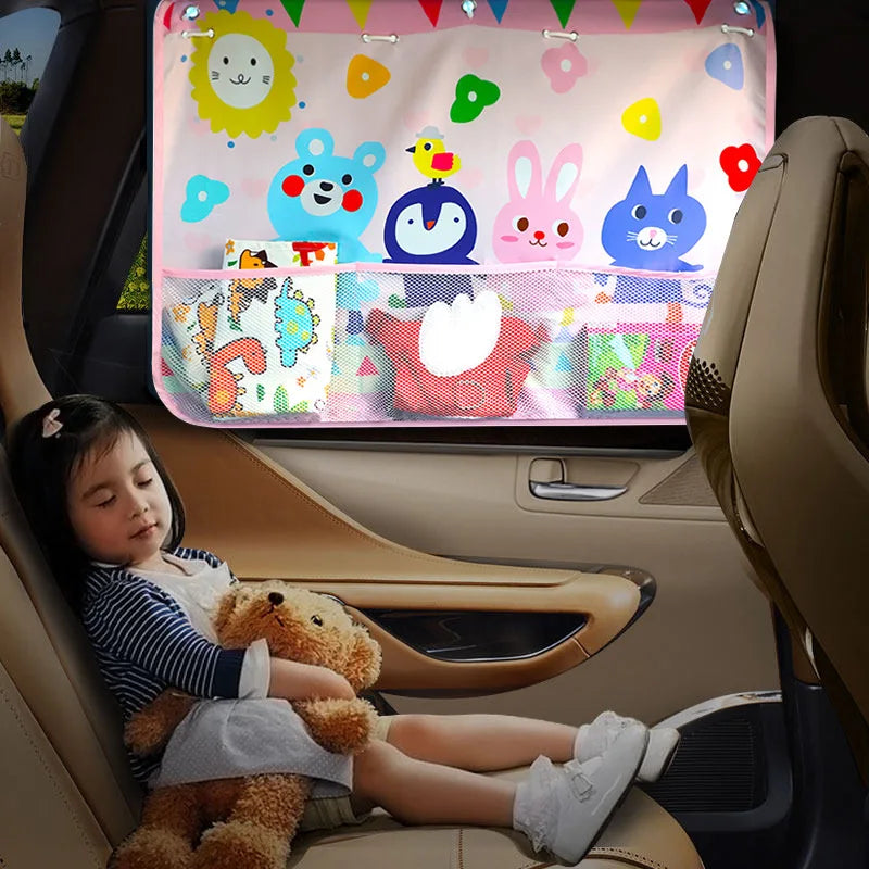 Cartoon Car Sunshade Curtain with Storage Pocket