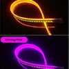 A flexible LED daytime running light strip with a yellow turn signal and pink driving light.
