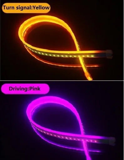 A flexible LED daytime running light strip with a yellow turn signal and pink driving light.