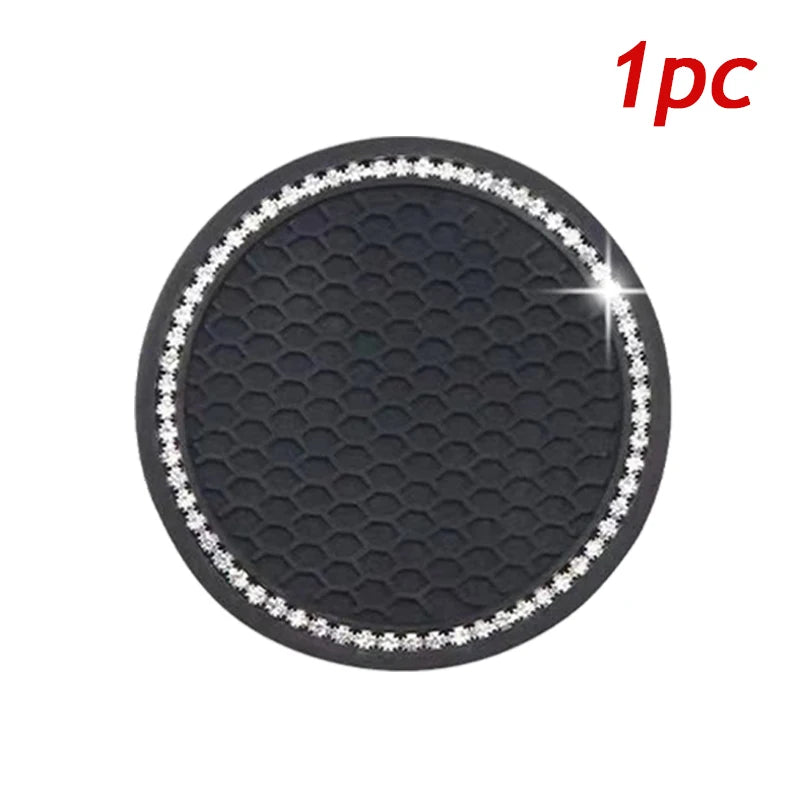 Black non-slip cup mat for cars decorated with silver crystal rhinestones