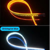Flexible LED daytime running light strip showing a yellow turn signal and blue driving light.