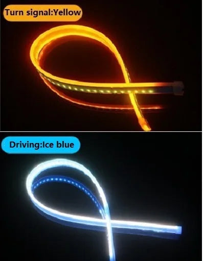 Flexible LED daytime running light strip showing a yellow turn signal and blue driving light.