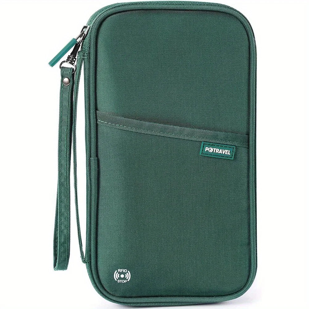 A dark green RFID-blocking travel passport holder with a detachable strap.