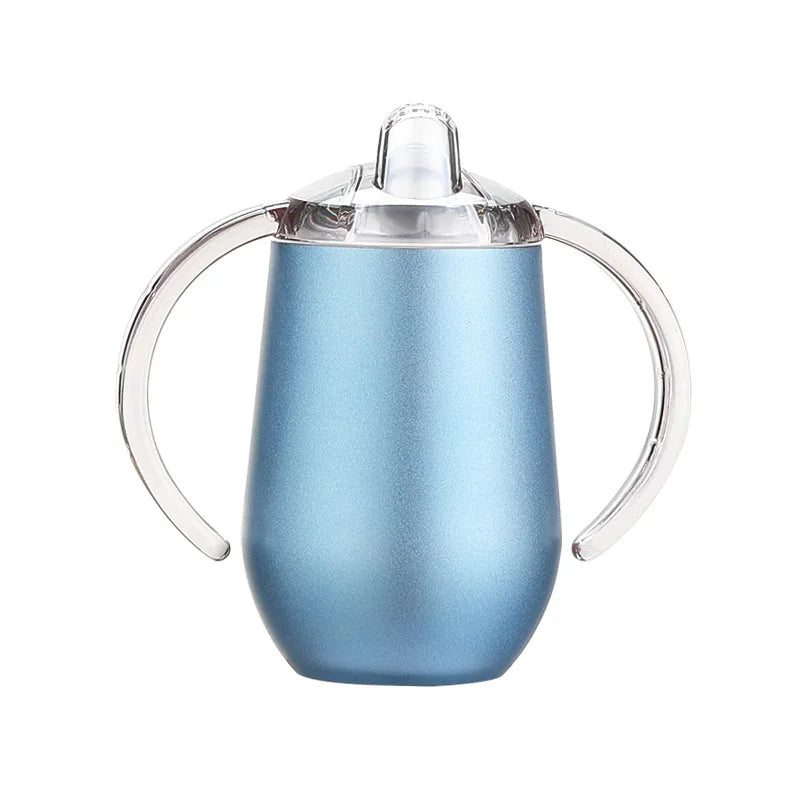 Tasse à gourde en acier inoxydable bleu avec couvercle et poignée transparente.