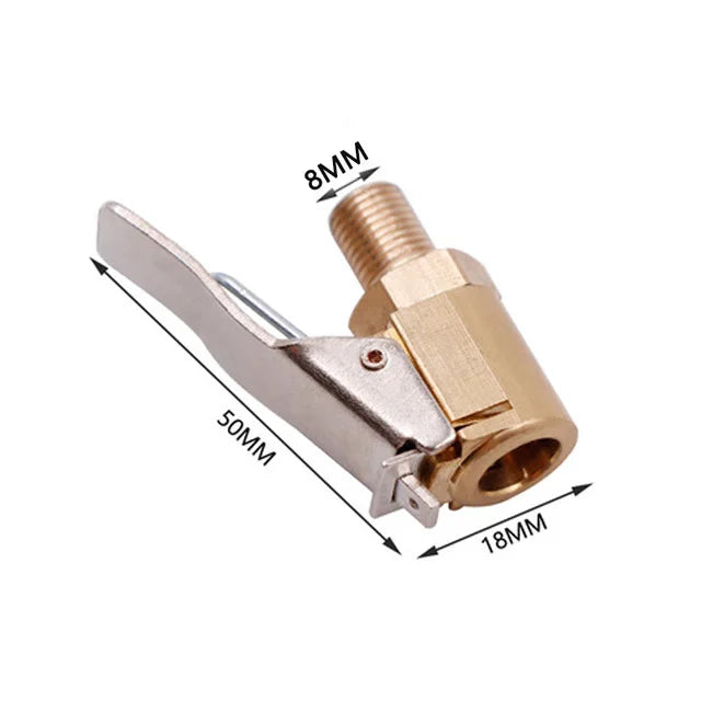 A brass locking air chuck with a flexible hose, shown with various dimension markings.