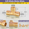 A brass male-male-male 3/8 inch BSP tee pipe fitting with a multi-angle display of various fittings.