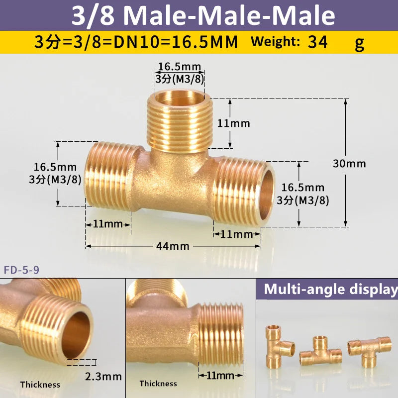 A brass male-male-male 3/8 inch BSP tee pipe fitting with a multi-angle display of various fittings.