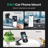 A 3-in-1 car phone mount shown in three contexts: windshield, dashboard, and desktop.