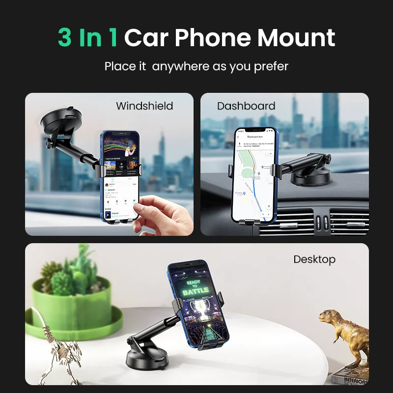 A 3-in-1 car phone mount shown in three contexts: windshield, dashboard, and desktop.