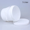 A white 5 liter food-grade plastic bucket with a leakproof lid shown in a studio setting.