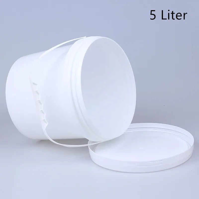 A white 5 liter food-grade plastic bucket with a leakproof lid shown in a studio setting.