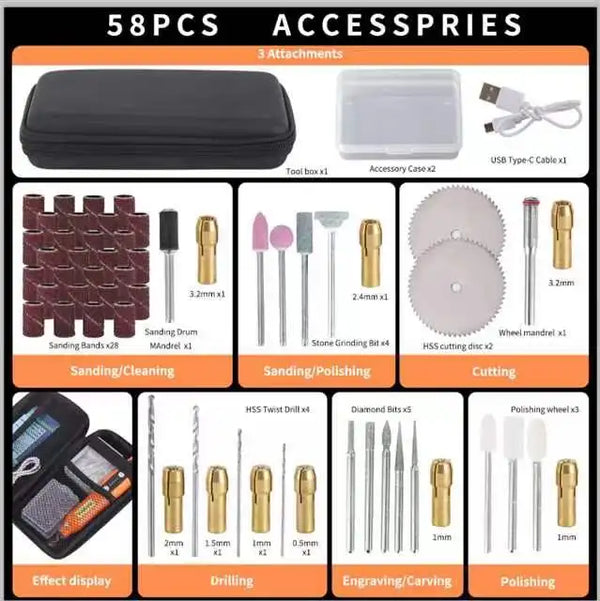Kit de mini outil rotatif sans fil avec 55 accessoires