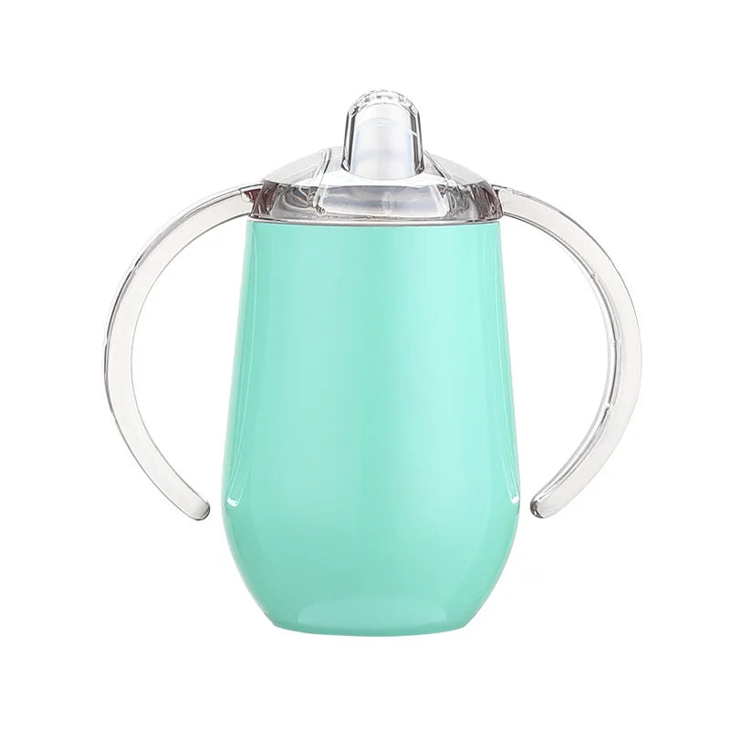 Tasse à gourde en acier inoxydable vert menthe clair avec couvercle et poignée.
