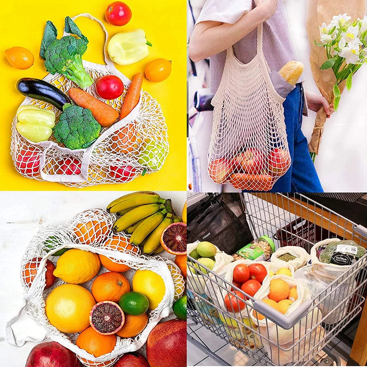 Two organic cotton mesh produce bags filled with colorful fruits and vegetables like tomatoes, oranges, and greens.