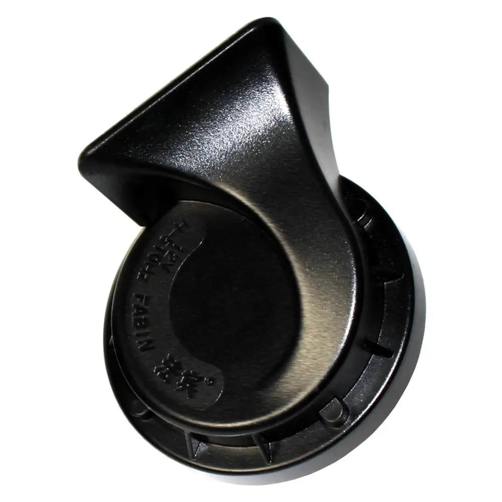 A black electric snail horn with a smooth, curved design.