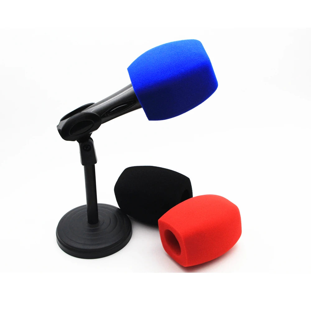 A blue foam windscreen attached to a black microphone stand and a red foam windsock.