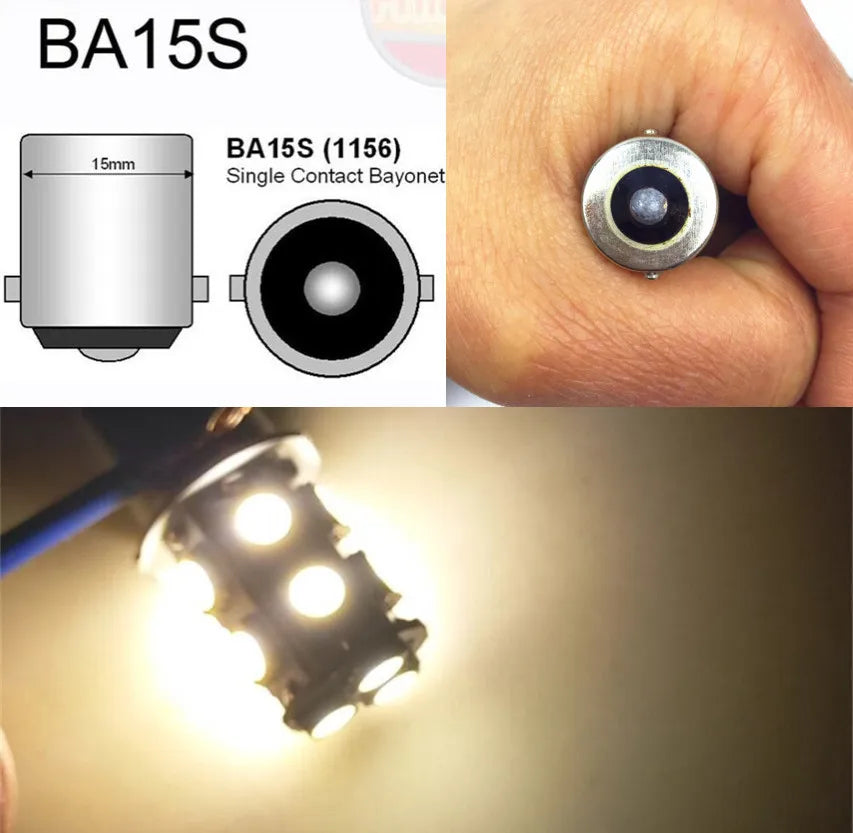 Diagrams and a close-up of a BA15S single contact bayonet light bulb.