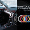 Car decoration interior strips showing four colors for choice installed on a car dashboard and steering wheel