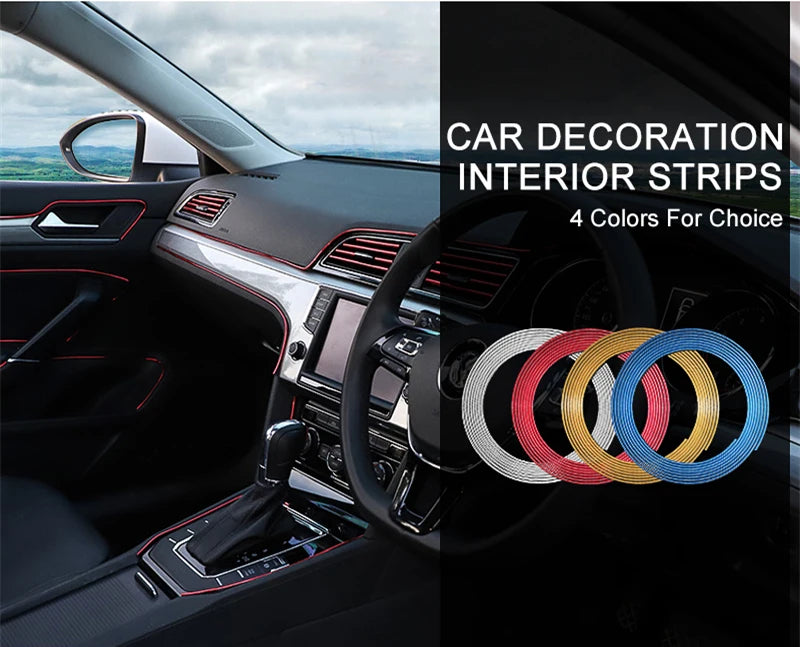 Car decoration interior strips showing four colors for choice installed on a car dashboard and steering wheel