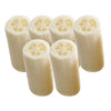 A set of six natural beige loofah scrubber sponges arranged in a row.