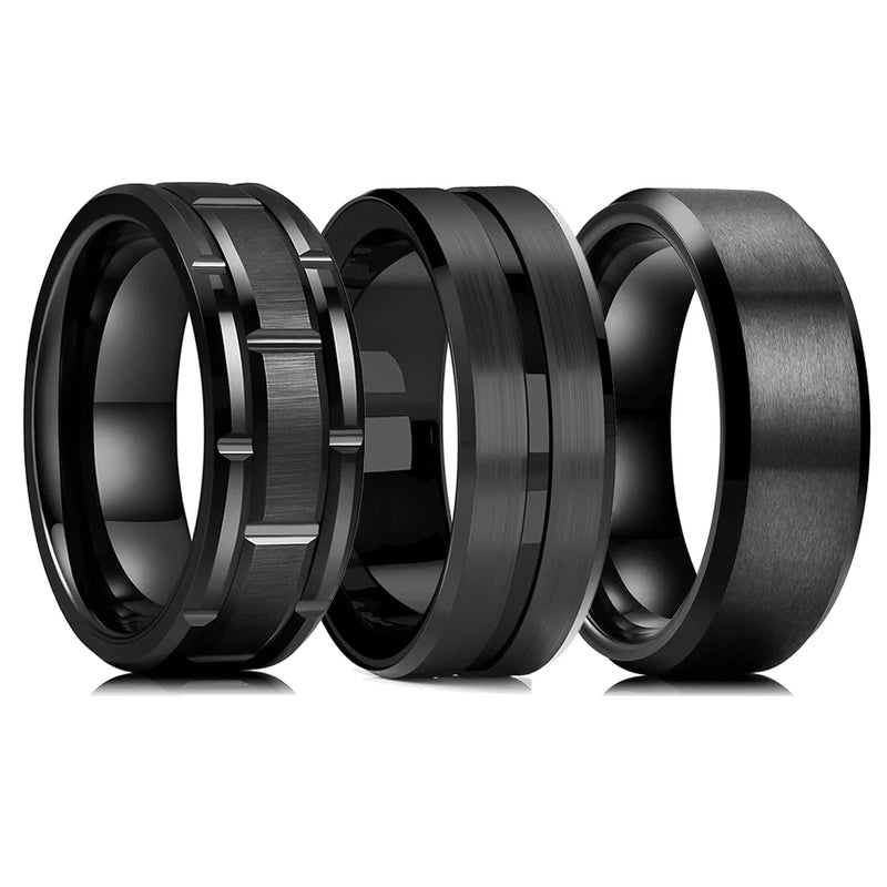 Men's Black Stainless Steel Wedding Band with Double Groove Detail