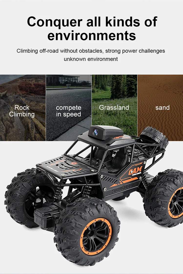 A black 1:18 RC off-road SUV with large tires and an HD FPV camera is shown against a white background.