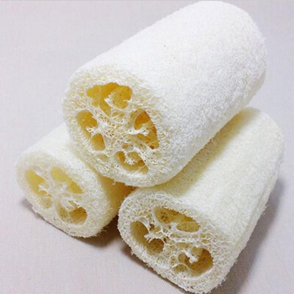 A roll of white natural loofah scrubber sponges shown from the side, revealing the porous texture.
