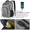 Grauer schlanker Laptop-Rucksack mit externem USB-Ladeport und verbundenem Telefon.