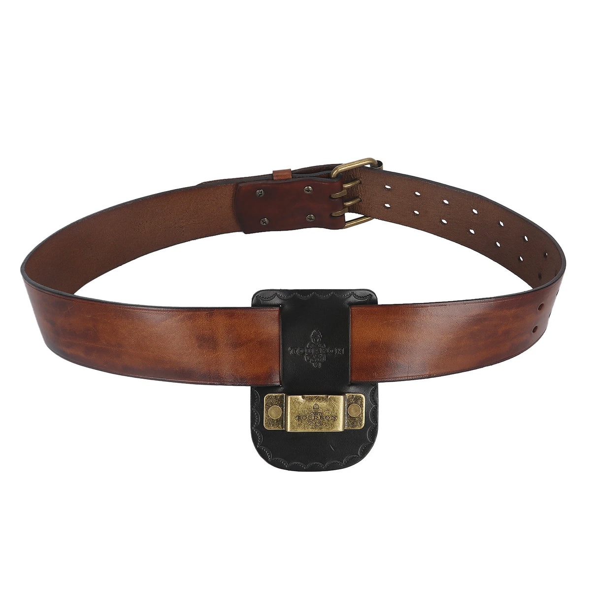 A brown leather tape measure holder with a metal belt clip.