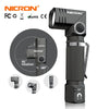 A black Nichron 90° rotating hands-free LED flashlight with a magnetic attachment and dual fuel system.