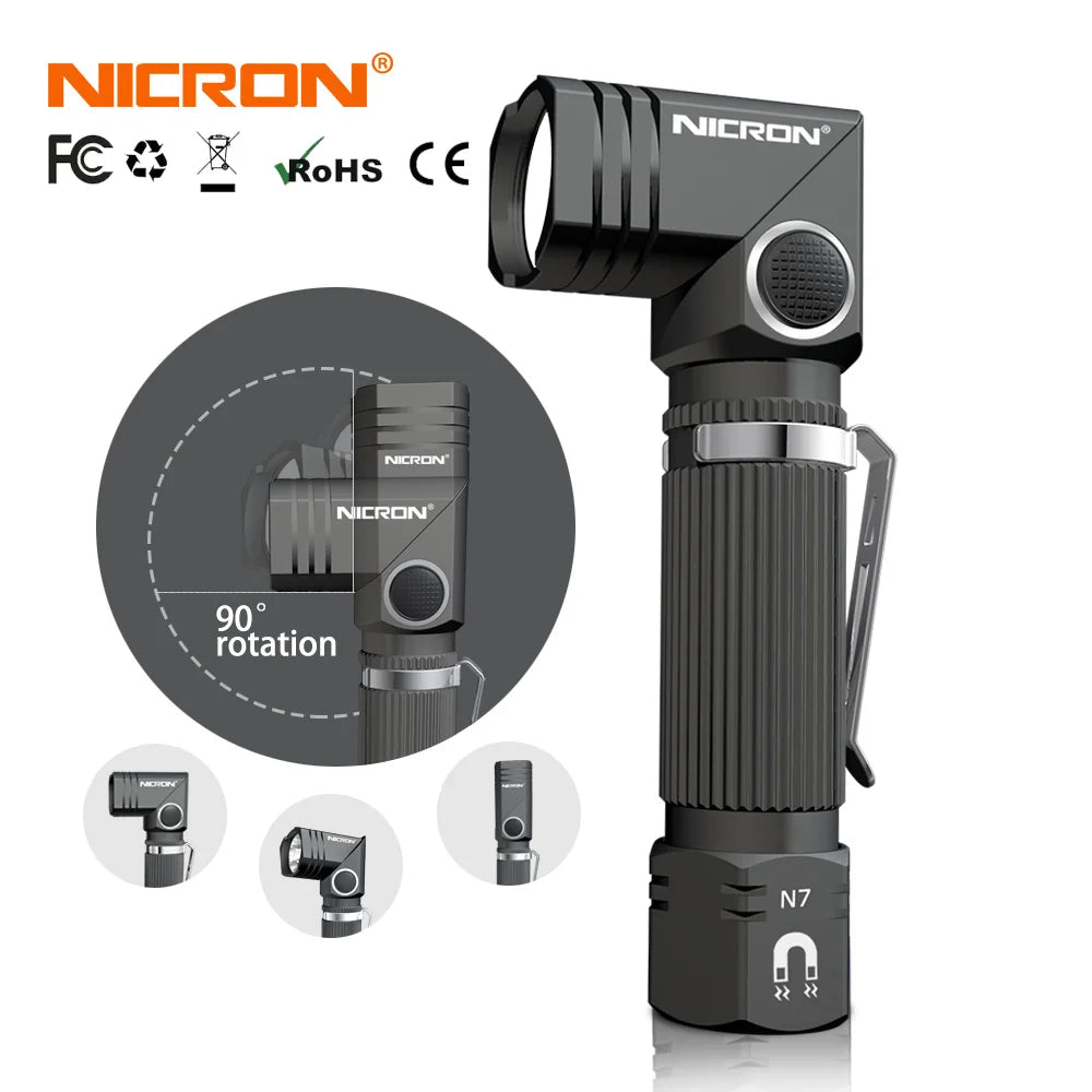 A black Nichron 90° rotating hands-free LED flashlight with a magnetic attachment and dual fuel system.