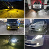 Various angles of LED fog light bulbs and headlight assemblies for vehicles.