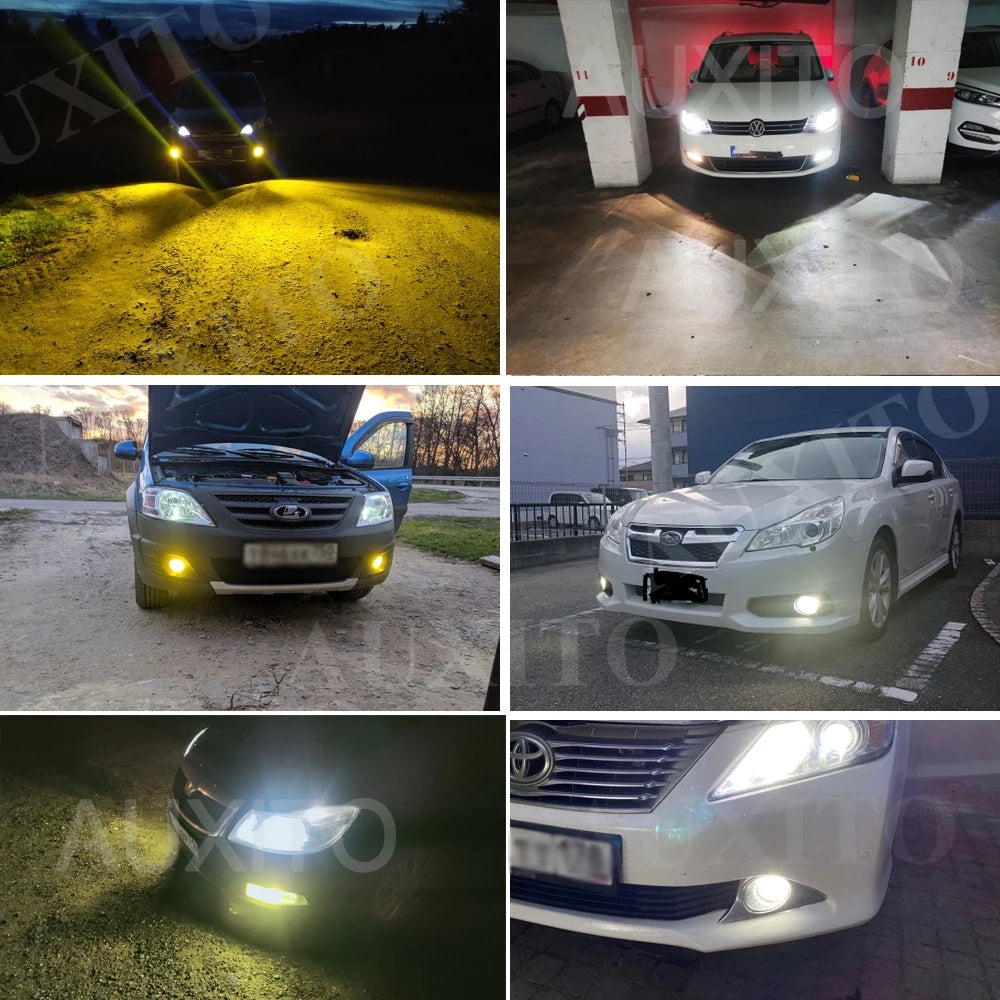 Various angles of LED fog light bulbs and headlight assemblies for vehicles.