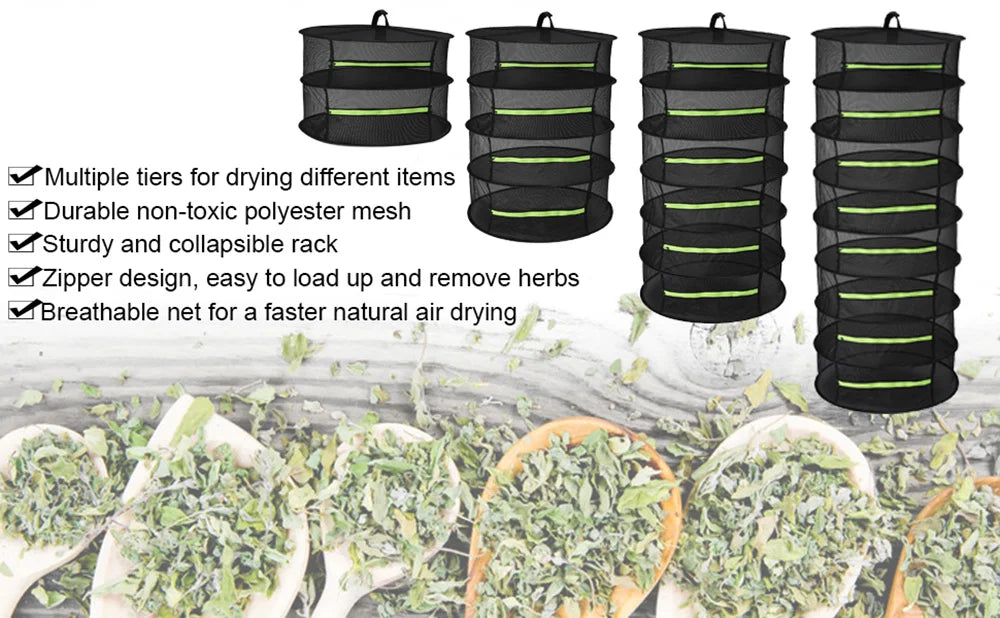 Multi-Layer Hanging Herb Drying Rack with Zippered Mesh Nets
