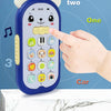 A blue musical teether phone toy shaped like a bear, showing numbers one, two, and three on the keypad.