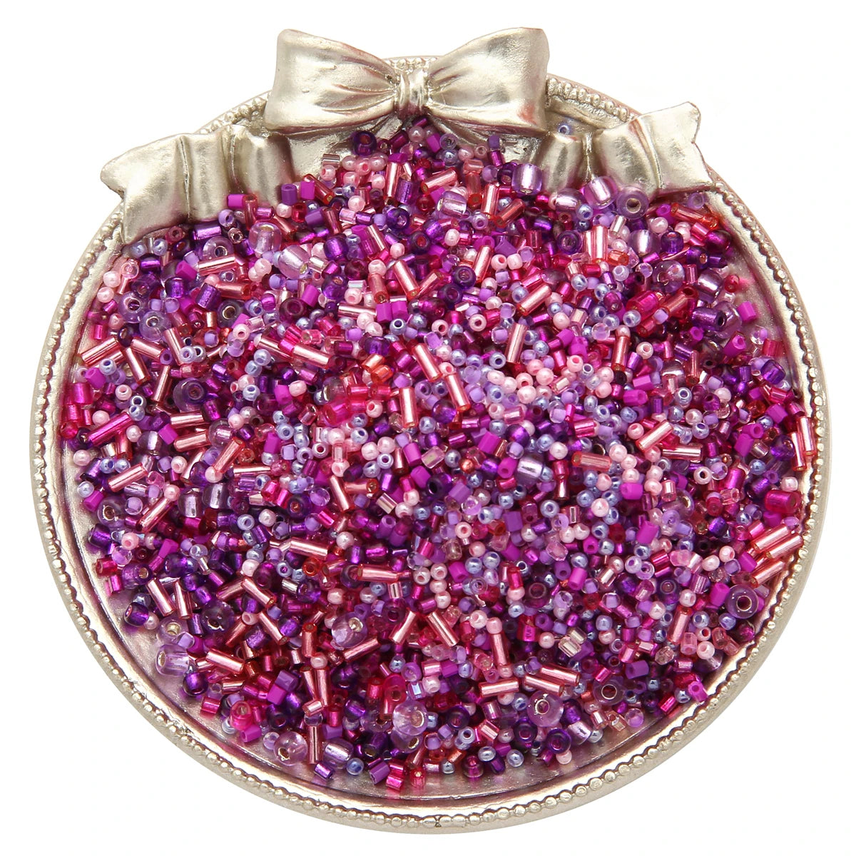A round container filled with mixed glass seed beads in shades of purple and pink, tied with a bow.