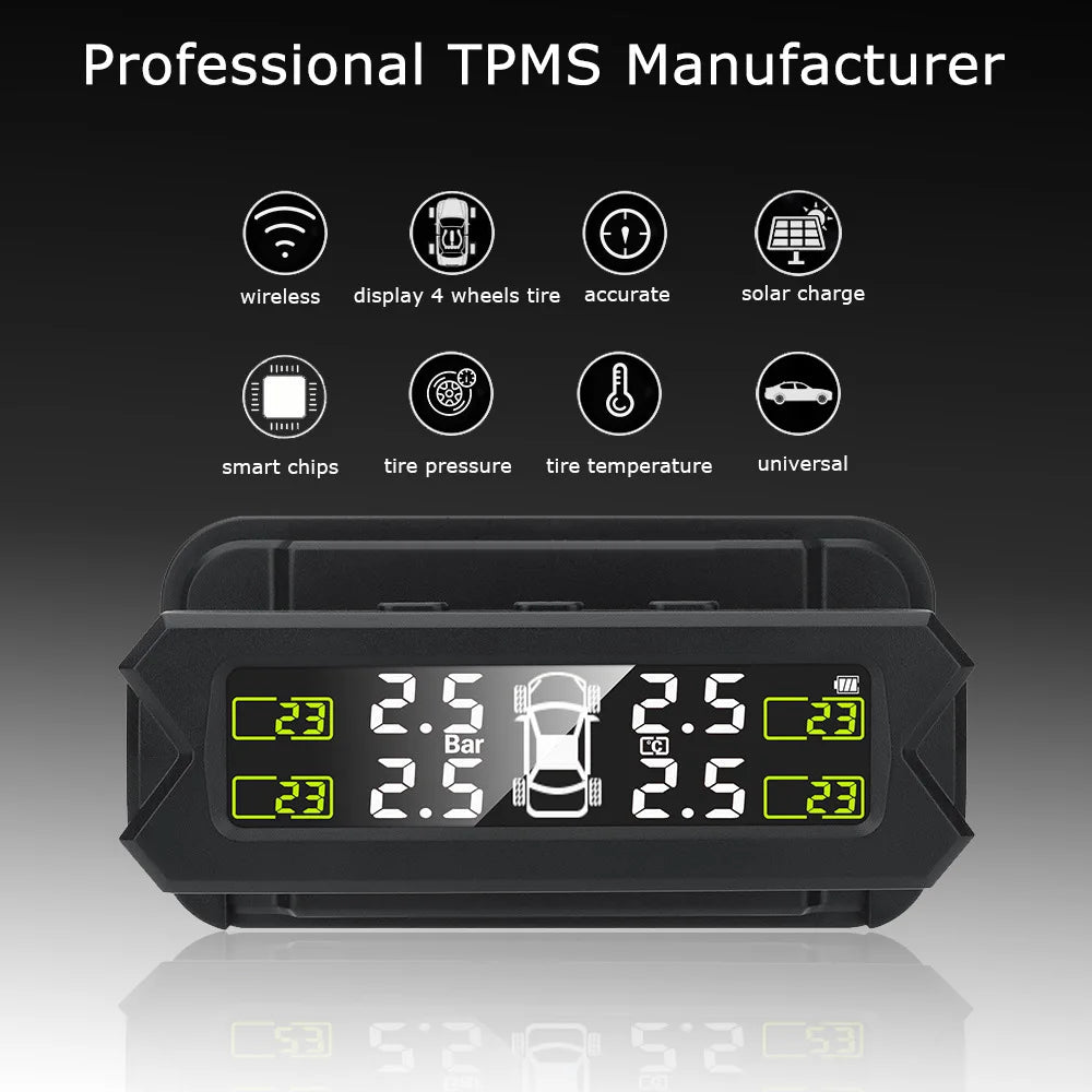 A black digital tire pressure monitor device with a display showing 2.5 Bar and a battery icon.