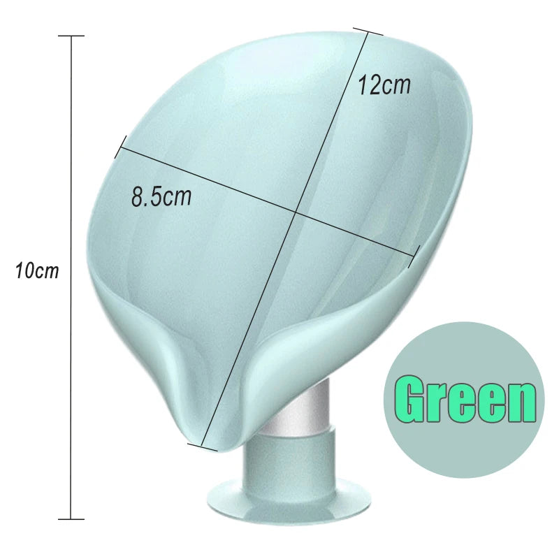 Light green leaf-shaped suction cup soap dish with a self-draining tray shown from the side.