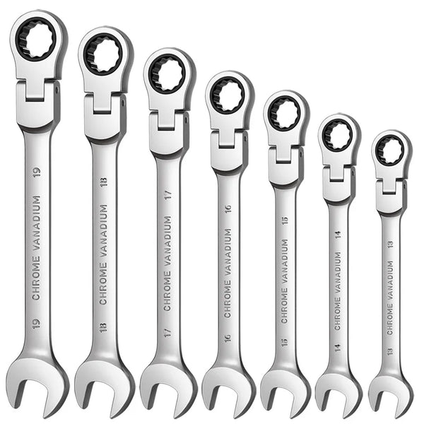 A set of chrome vanadium flexible pivot ratchet wrenches numbered 13 through 19 displayed vertically.