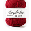 A ball of deep red acrylic yarn labeled Acrylic line for knitting and crochet