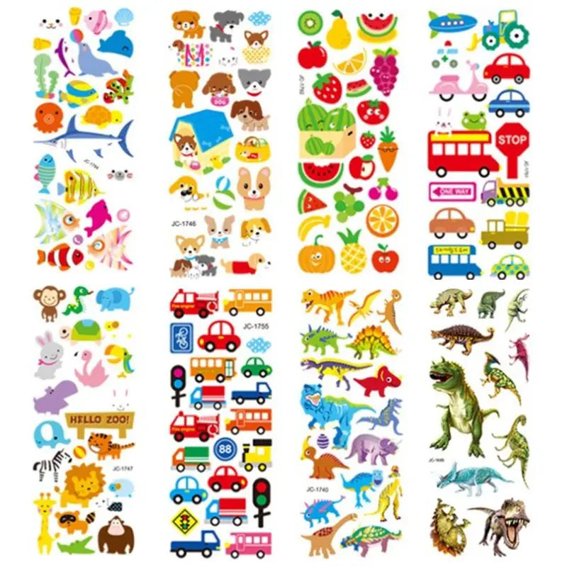 A variety pack of 500+ 3D puffy stickers featuring animals, dinosaurs, numbers, and other kid-friendly themes.